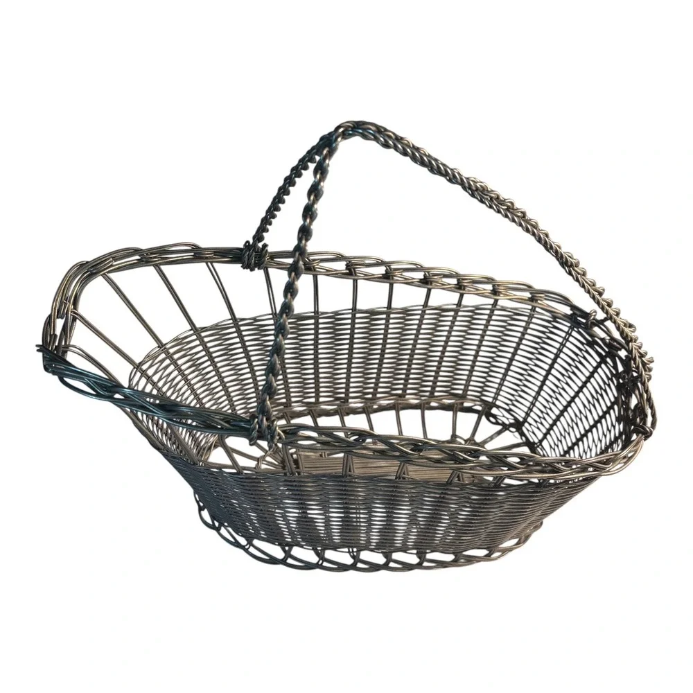Vintage Silver Woven Wire Wine Bottle Cradle Basket Braided Handle Holder